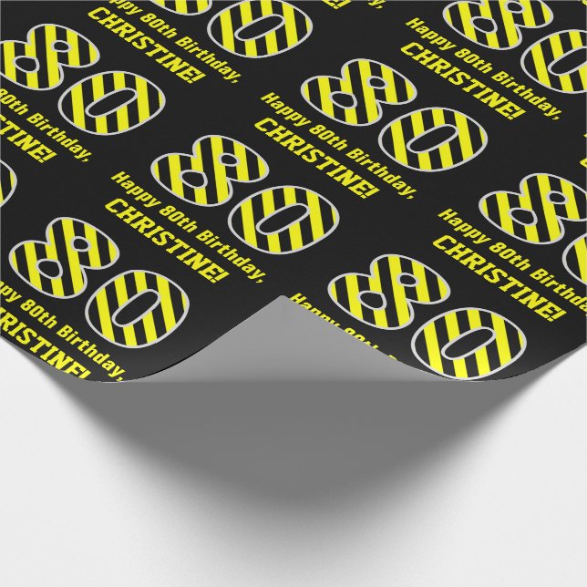 Papel De Regalo Black & Yellow Striped "80"; 80th Birthday + Name (Esquina)