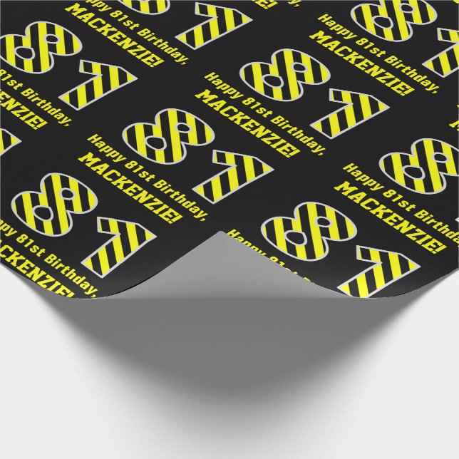 Papel De Regalo Black & Yellow Striped "81"; 81st Birthday + Name (Esquina)