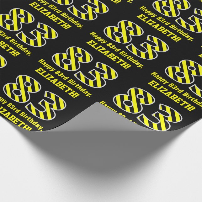 Papel De Regalo Black & Yellow Striped "83"; 83rd Birthday + Name (Esquina)
