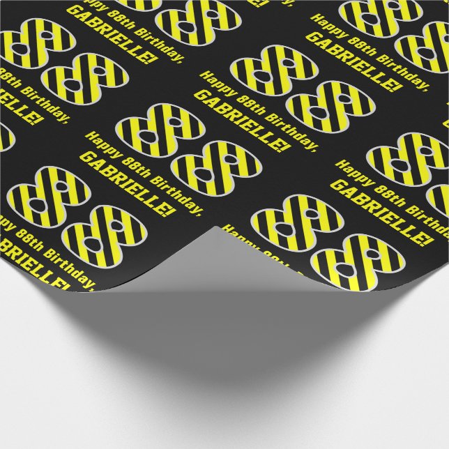 Papel De Regalo Black & Yellow Striped "88"; 88th Birthday + Name (Esquina)