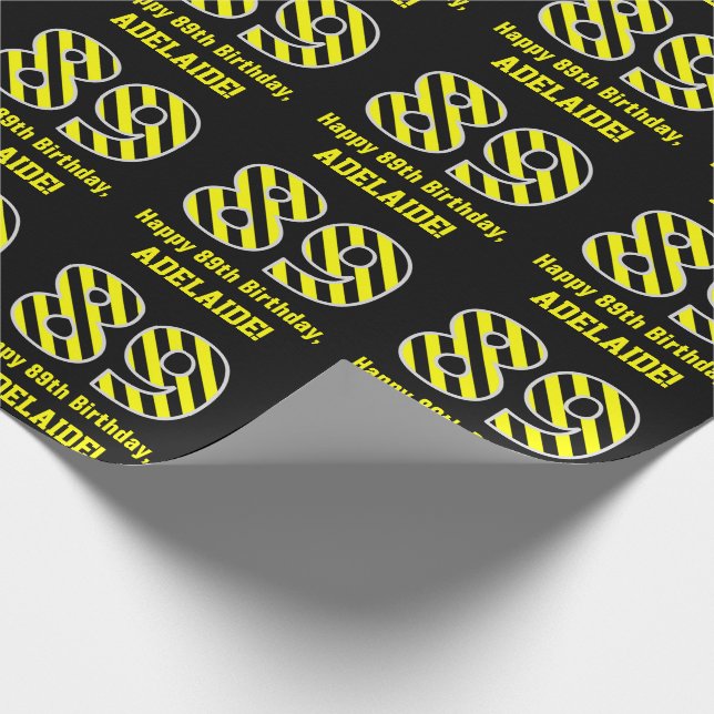 Papel De Regalo Black & Yellow Striped "89"; 89th Birthday + Name (Esquina)