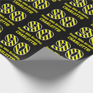Papel De Regalo Black & Yellow Striped "90"; 90th Birthday + Name