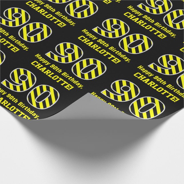 Papel De Regalo Black & Yellow Striped "90"; 90th Birthday + Name (Esquina)