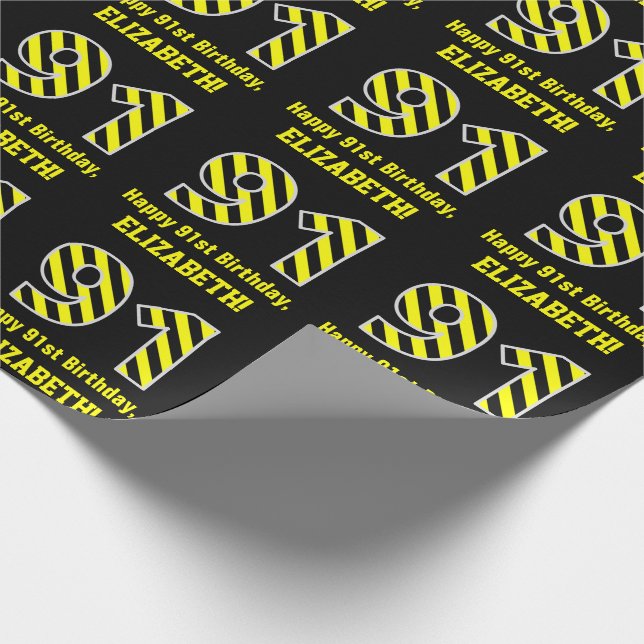 Papel De Regalo Black & Yellow Striped "91"; 91st Birthday + Name (Esquina)