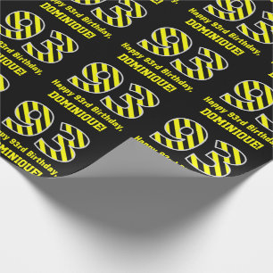 Papel De Regalo Black & Yellow Striped "93"; 93rd Birthday + Name