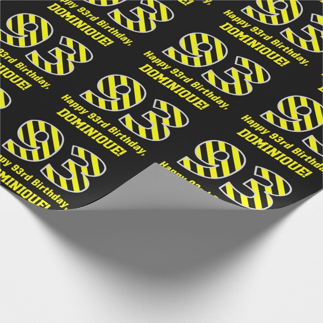 Papel De Regalo Black & Yellow Striped "93"; 93rd Birthday + Name (Esquina)