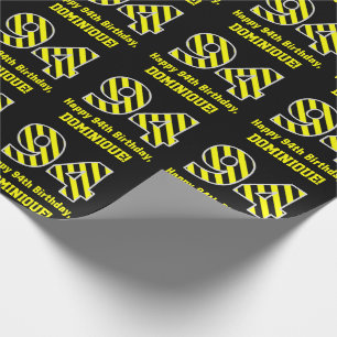 Papel De Regalo Black & Yellow Striped "94"; 94th Birthday + Name