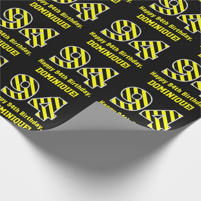 Papel De Regalo Black & Yellow Striped "94"; 94th Birthday + Name (Esquina)