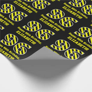 Papel De Regalo Black & Yellow Striped "96"; 96th Birthday + Name