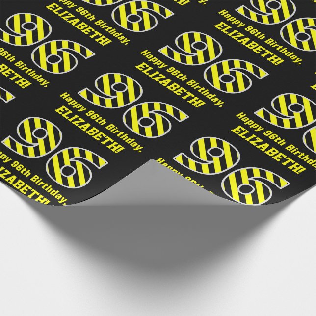 Papel De Regalo Black & Yellow Striped "96"; 96th Birthday + Name (Esquina)