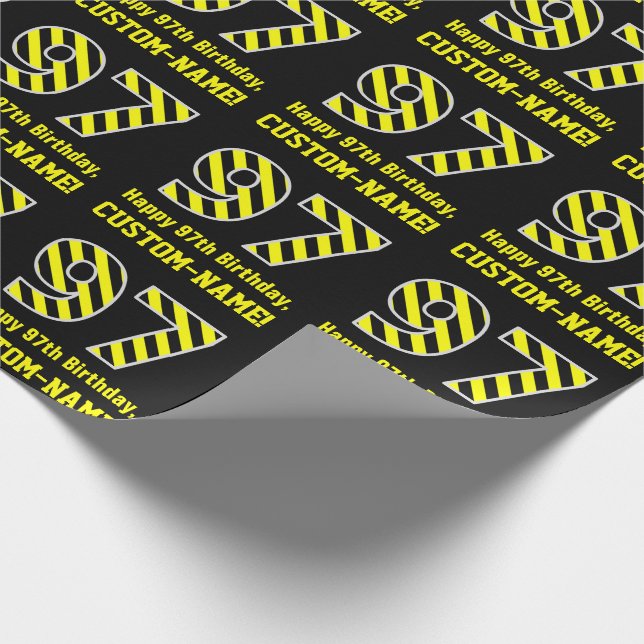 Papel De Regalo Black & Yellow Striped "97"; 97th Birthday + Name (Esquina)