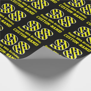 Papel De Regalo Black & Yellow Striped "98"; 98th Birthday + Name