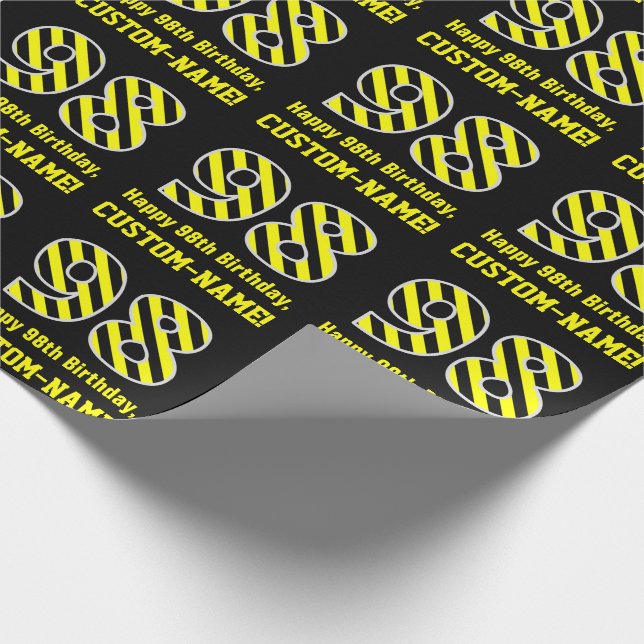 Papel De Regalo Black & Yellow Striped "98"; 98th Birthday + Name (Esquina)