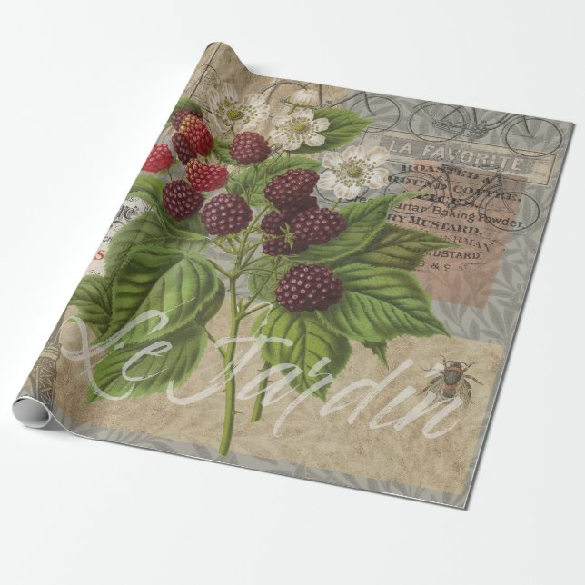Papel De Regalo Blackberries Floral Jardín Flor Mariposa Arte (Desenrollado)