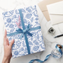 Blanco Azul Floral Botánico Patrón Boho Caprichoso