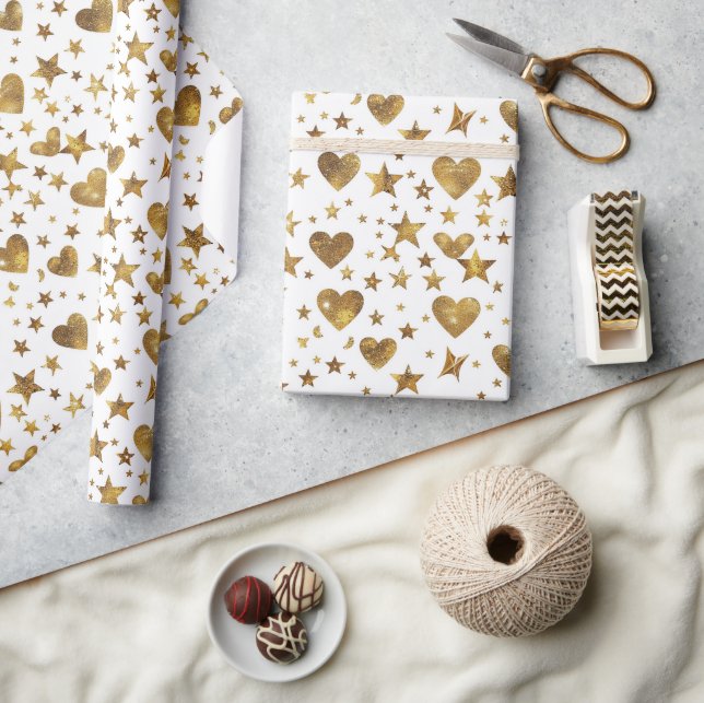 Papel De Regalo Blanco Con Corazones Brillantes De Oro (Artesanía)