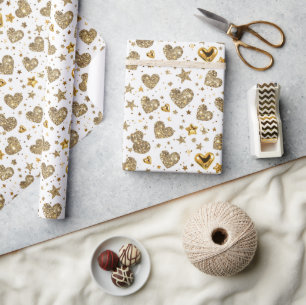 Papel De Regalo Blanco Con Corazones Brillantes De Oro