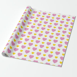 PAPEL DE REGALO BLANCO CON CORAZONES ROSA Y AMARILLA
