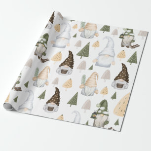 Papel de regalo blanco con gnomos de invierno y ár