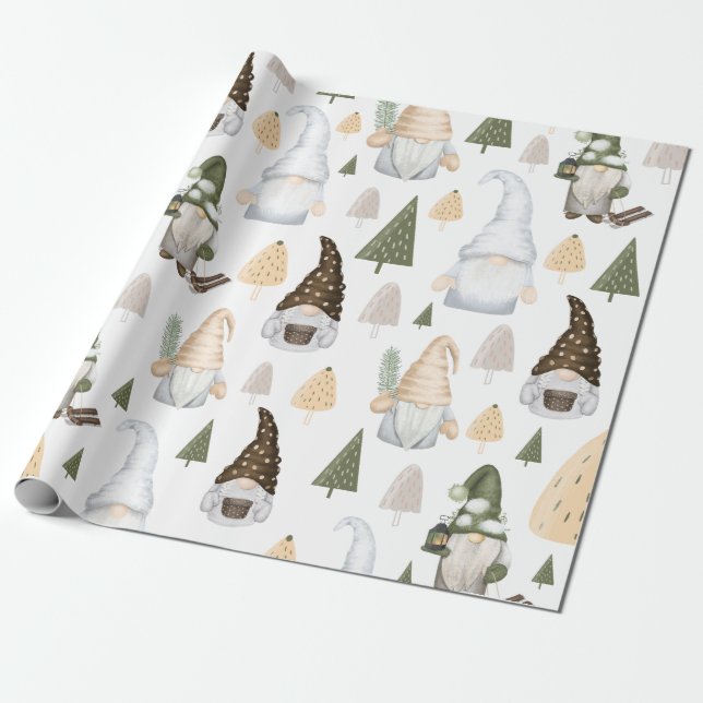 Papel de regalo blanco con gnomos de invierno y ár (Desenrollado)