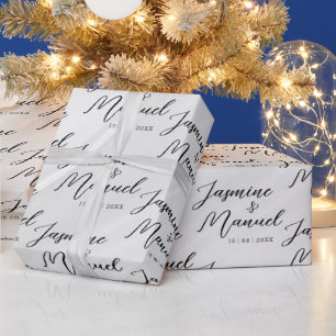 Papel de regalo blanco con nombres de pareja Boda