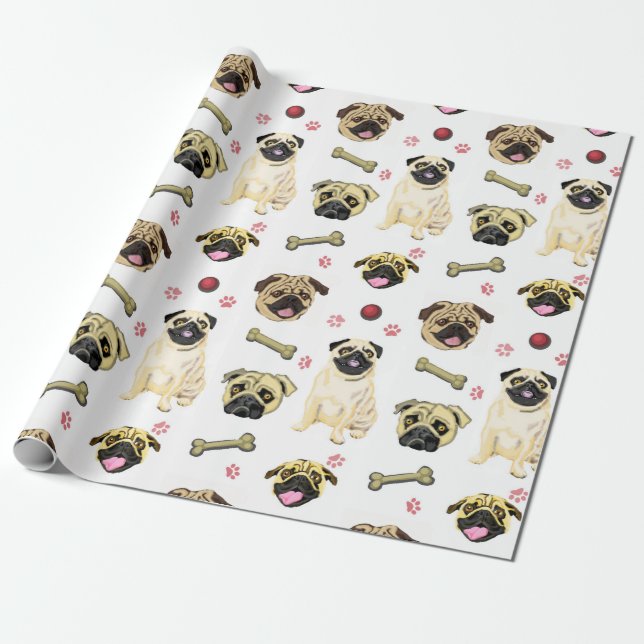 Papel de regalo blanco con pug (Desenrollado)