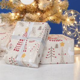 Papel De Regalo Blanco cremoso, árbol de Navidad y ciervo