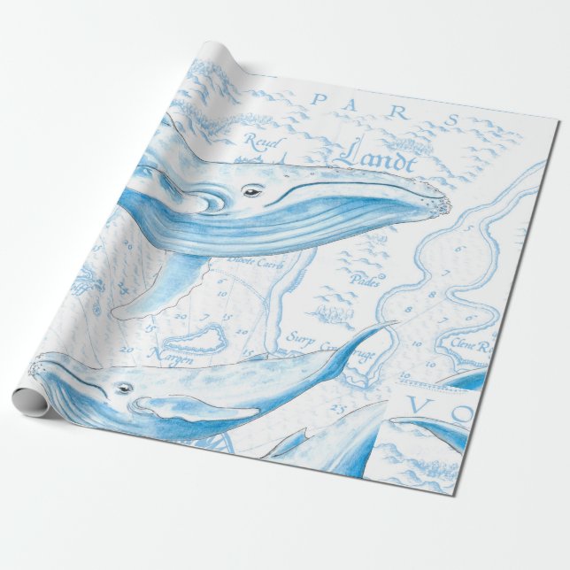 Papel De Regalo Blanco de la familia de las ballenas azules (Desenrollado)