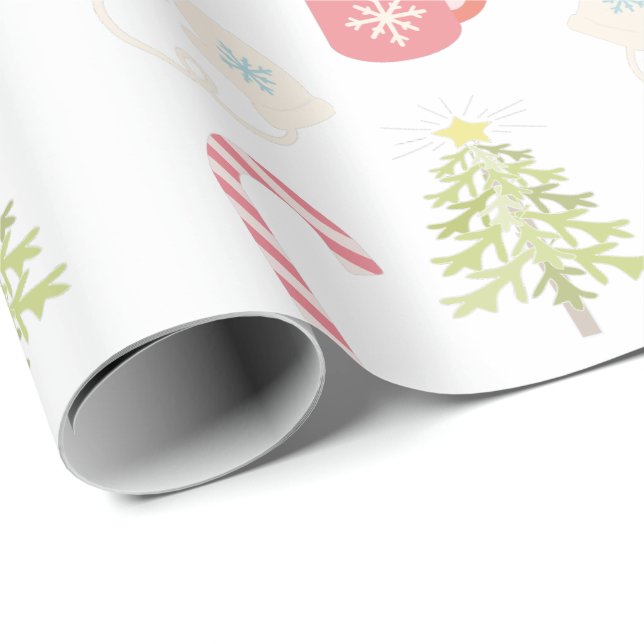 Papel De Regalo Blanco del patrón de vacaciones de Navidades curad (Esquina del rollo)