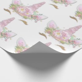 Papel De Regalo Blanco floral de oro rosado de unicornio con Purpu