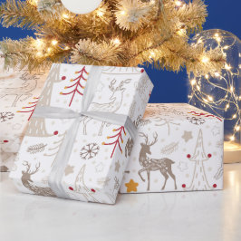 Papel De Regalo Blanco invernal, árbol de Navidad y ciervo