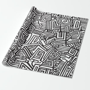 Papel De Regalo Blanco Negro Geométrico Laberinto Abstracto Línea