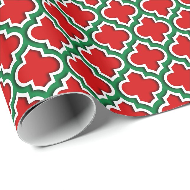 Papel De Regalo Blanco Rojo Oscuro Verde LG Quatrefoil Marroquí #5 (Esquina del rollo)