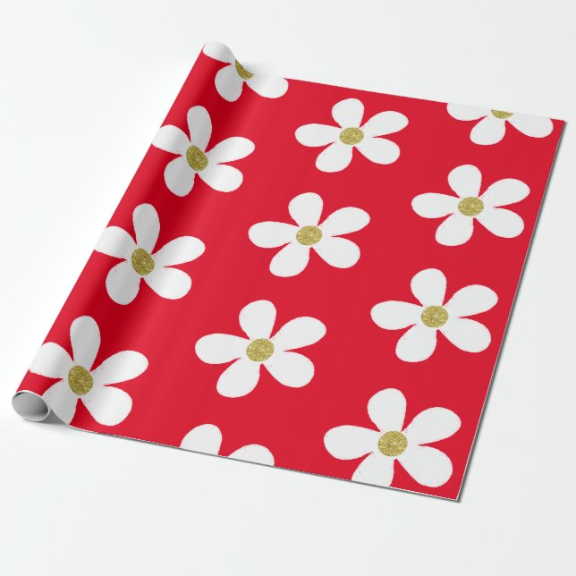 Papel De Regalo Blanco Rojo Simple Daisy Gold (Desenrollado)