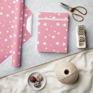 Papel De Regalo Blanco rosa y amarillo con estrellas