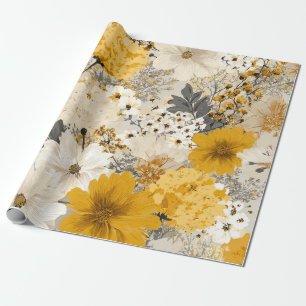 Papel De Regalo Blanco Rústico Amarillo Botánico Floral Vintage