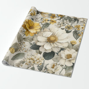 Papel De Regalo Blanco Rústico Amarillo Botánico Floral Vintage