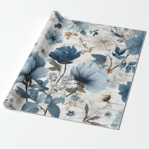 Papel De Regalo Blanco Rústico Azul Botánico Floral Vintage Pastel