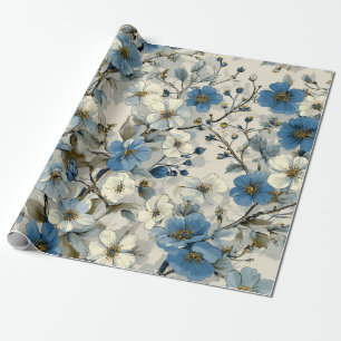 Papel De Regalo Blanco Rústico Azul Botánico Floral Vintage Pastel