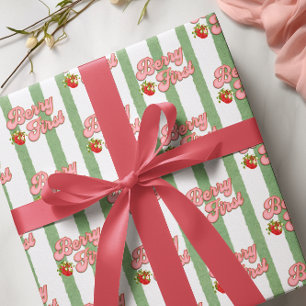 Papel De Regalo Blanco Rústico Fresa Verde Cumpleaños Fresa Primer