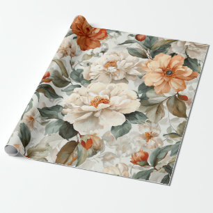 Papel De Regalo Blanco Rústico Naranja Botánico Vintage Boho Flora