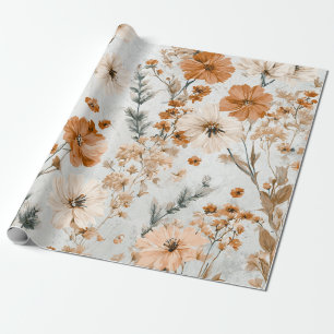 Papel De Regalo Blanco Rústico Naranja Botánico Vintage Boho Flora