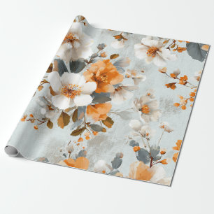 Papel De Regalo Blanco Rústico Naranja Botánico Vintage Boho Flora