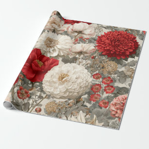Papel De Regalo Blanco Rústico Rojo Botánico Floral Vintage Pastel