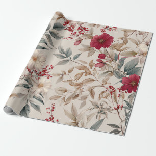 Papel De Regalo Blanco Rústico Rojo Botánico Floral Vintage Pastel