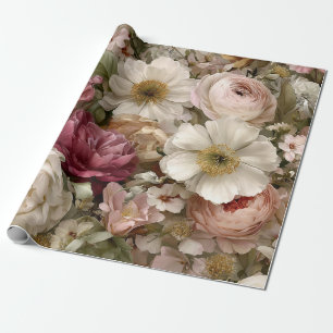 Papel De Regalo Blanco Rústico Rosa Botánico Floral Vintage Pastel