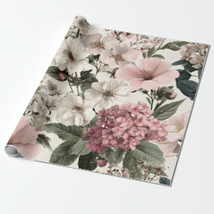 Papel De Regalo Blanco Rústico Rosa Botánico Floral Vintage Pastel
