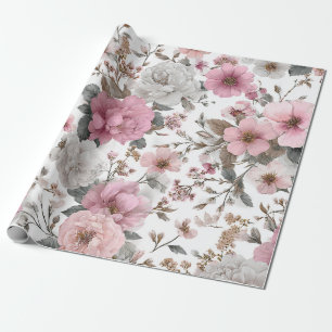 Papel De Regalo Blanco Rústico Rosa Botánico Floral Vintage Pastel