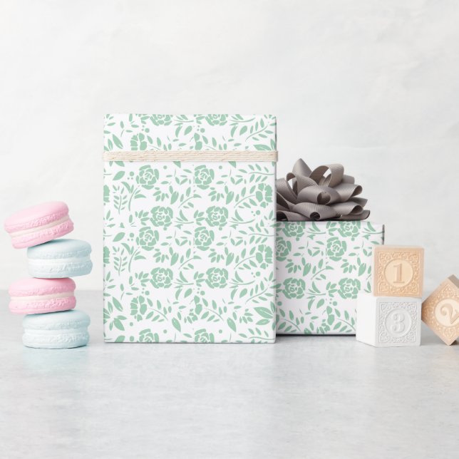 Papel De Regalo Blanco verde floral (Baby Shower)