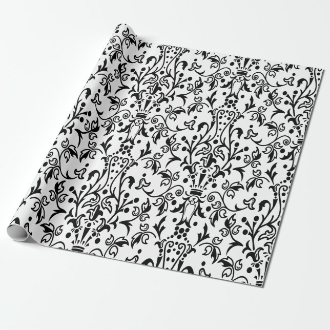 Papel De Regalo Blanco y negro de Damask (Desenrollado)
